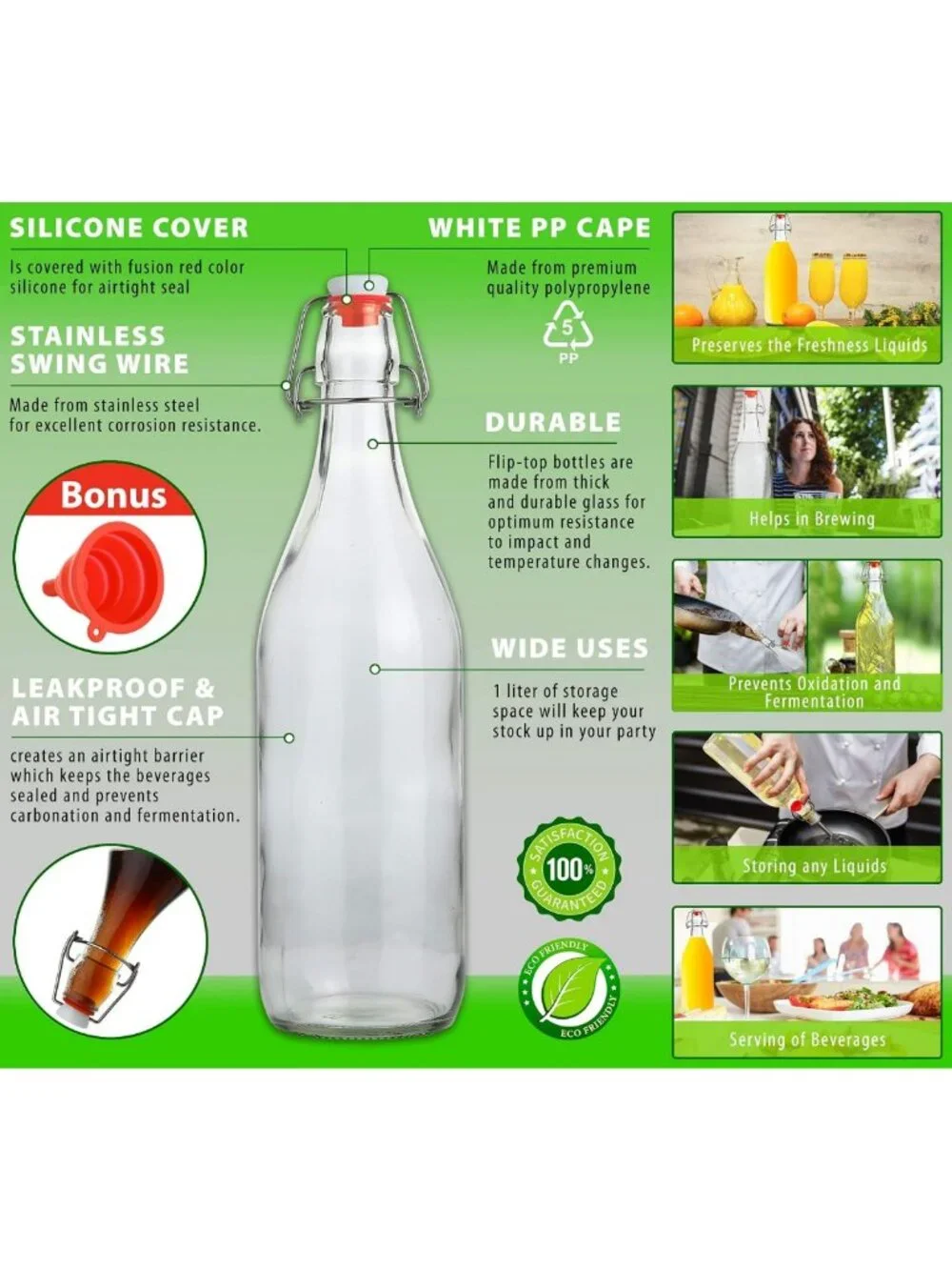 Set of 6 Flip Top Glass Bottles - 1L Airtight Containers for Beverages, Oil